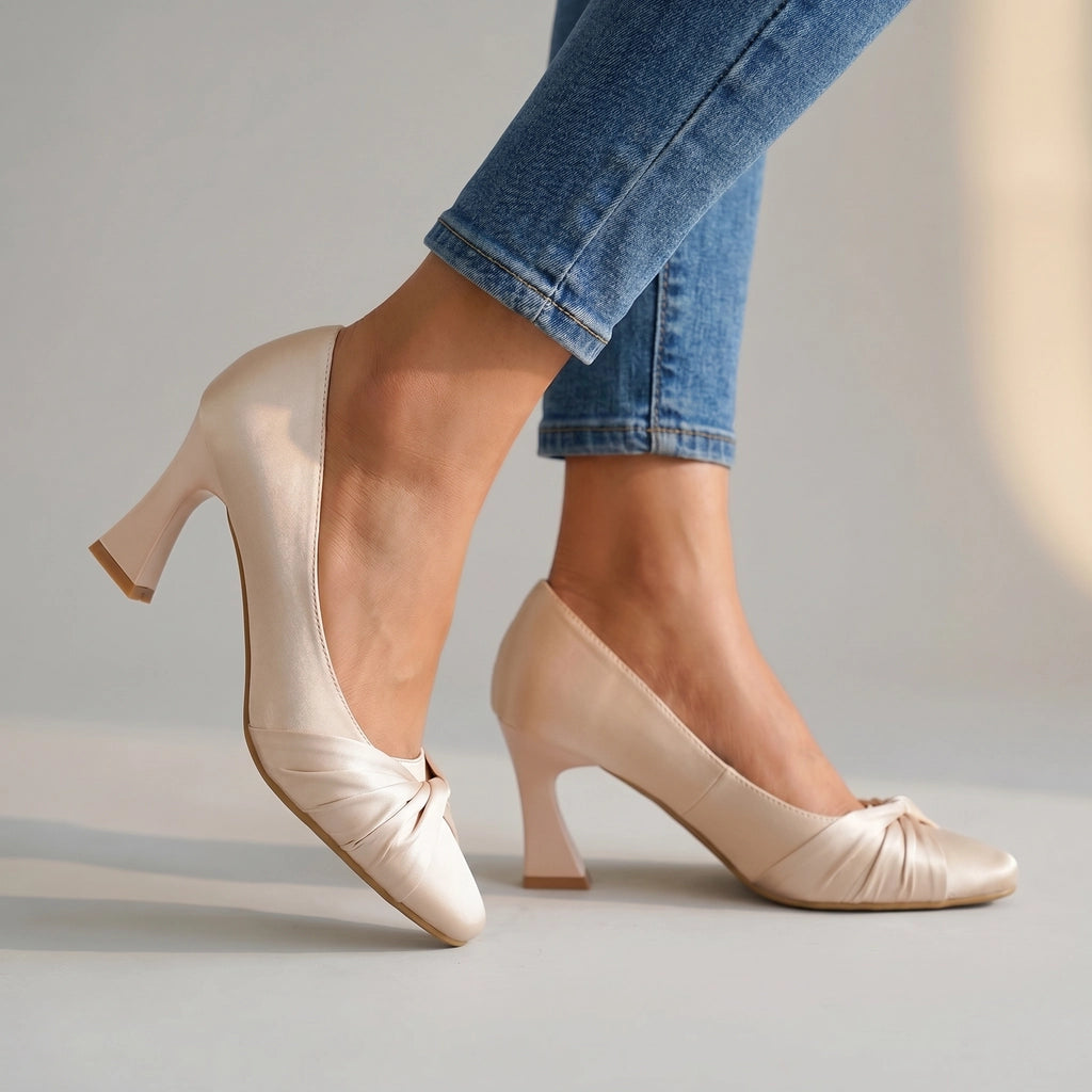 Satin Nude 7cm Monroe Square-Toe Block Heels 1