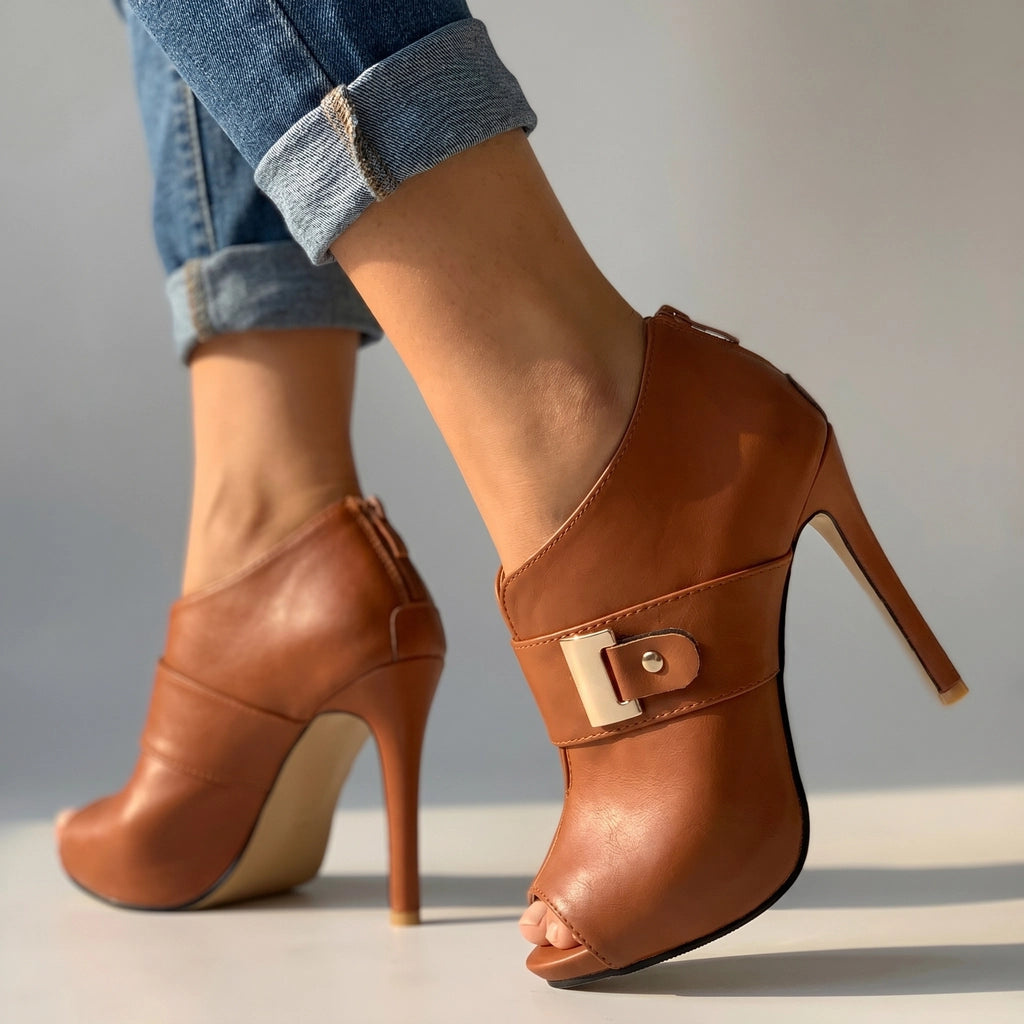 Brown Naomi Open-Toe Buckle Heelss 3