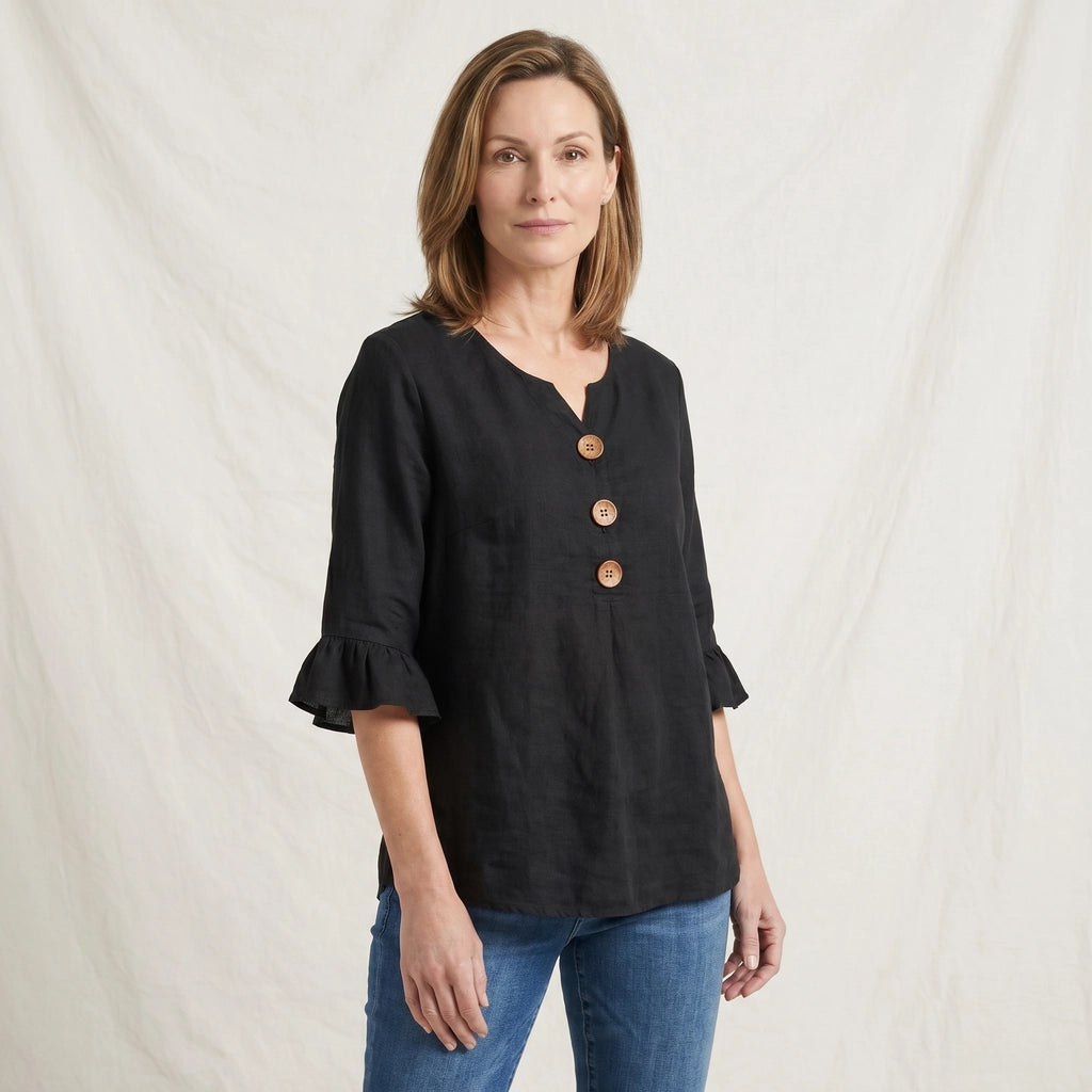 Black Culver Cotton Linen V-Neck Top 2
