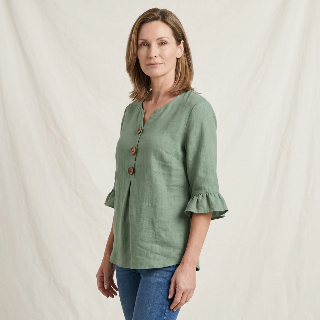 Olive Green Culver Cotton Linen V-Neck Top 2