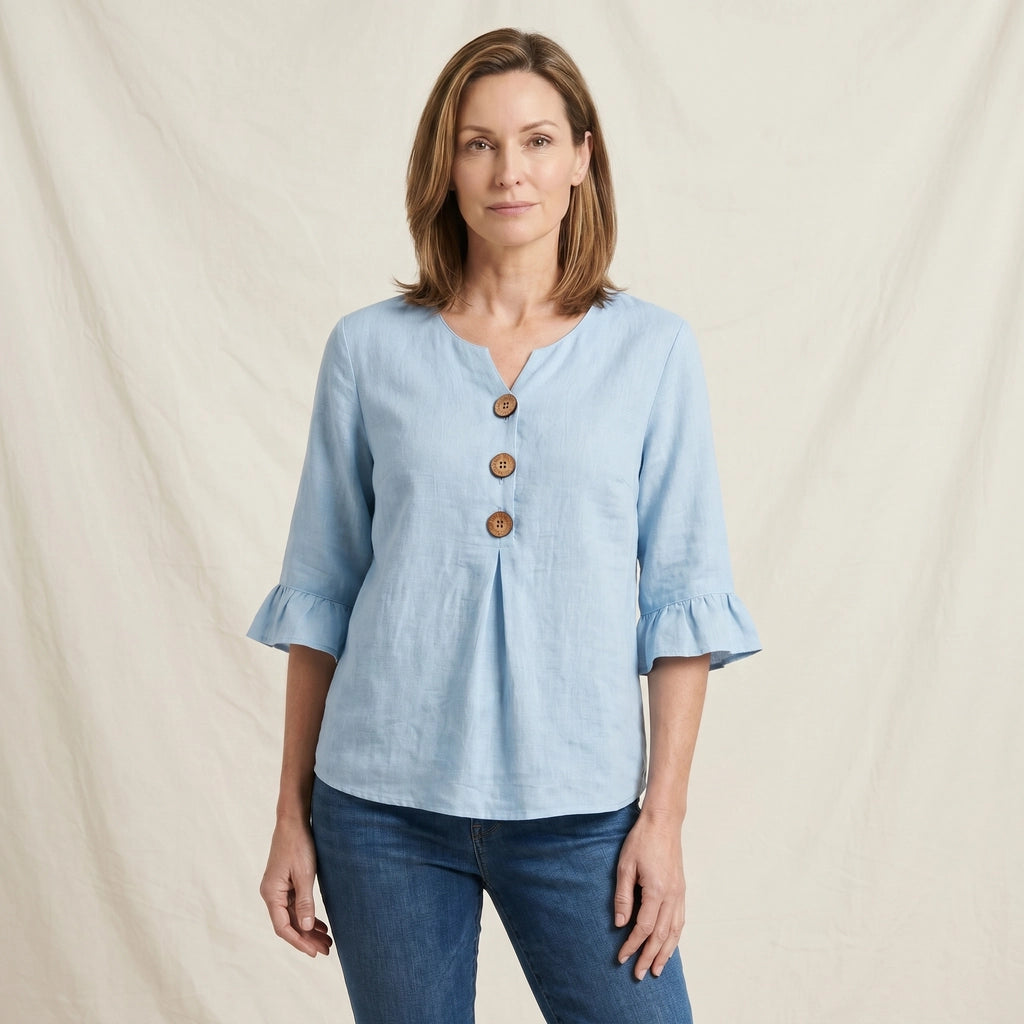 Sky Blue Culver Cotton Linen V-Neck Top 1