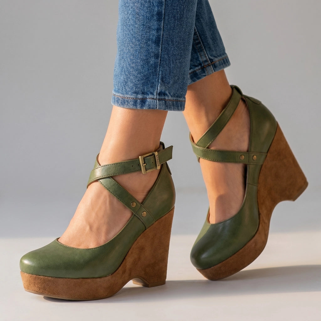 Green Anthea Cross-Strap Wedges 4