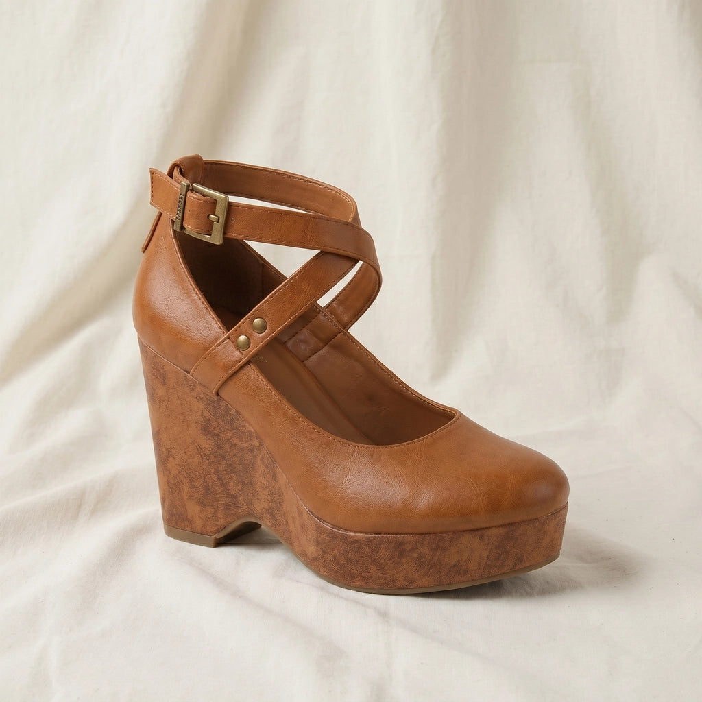 Brown Anthea Cross-Strap Wedges 1