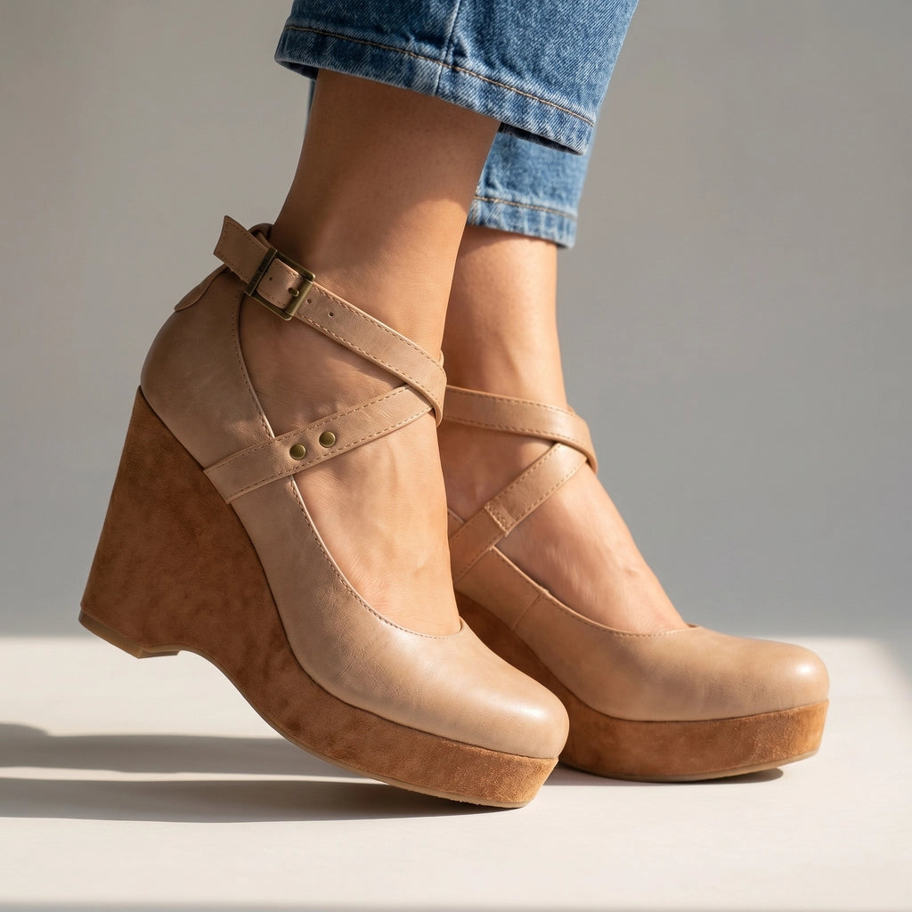 Khaki Anthea Cross-Strap Wedges 3