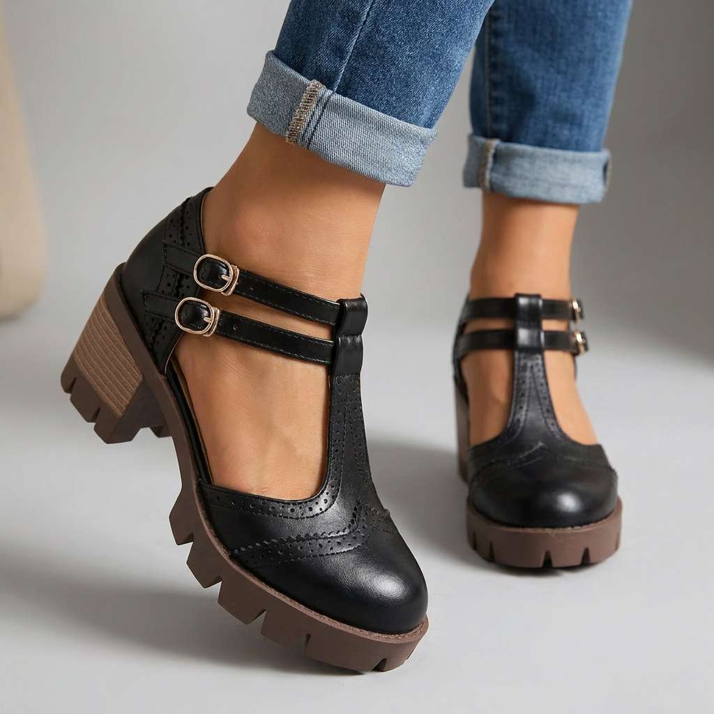 Sandra | Womens Brogue Chunky Heel Loafers