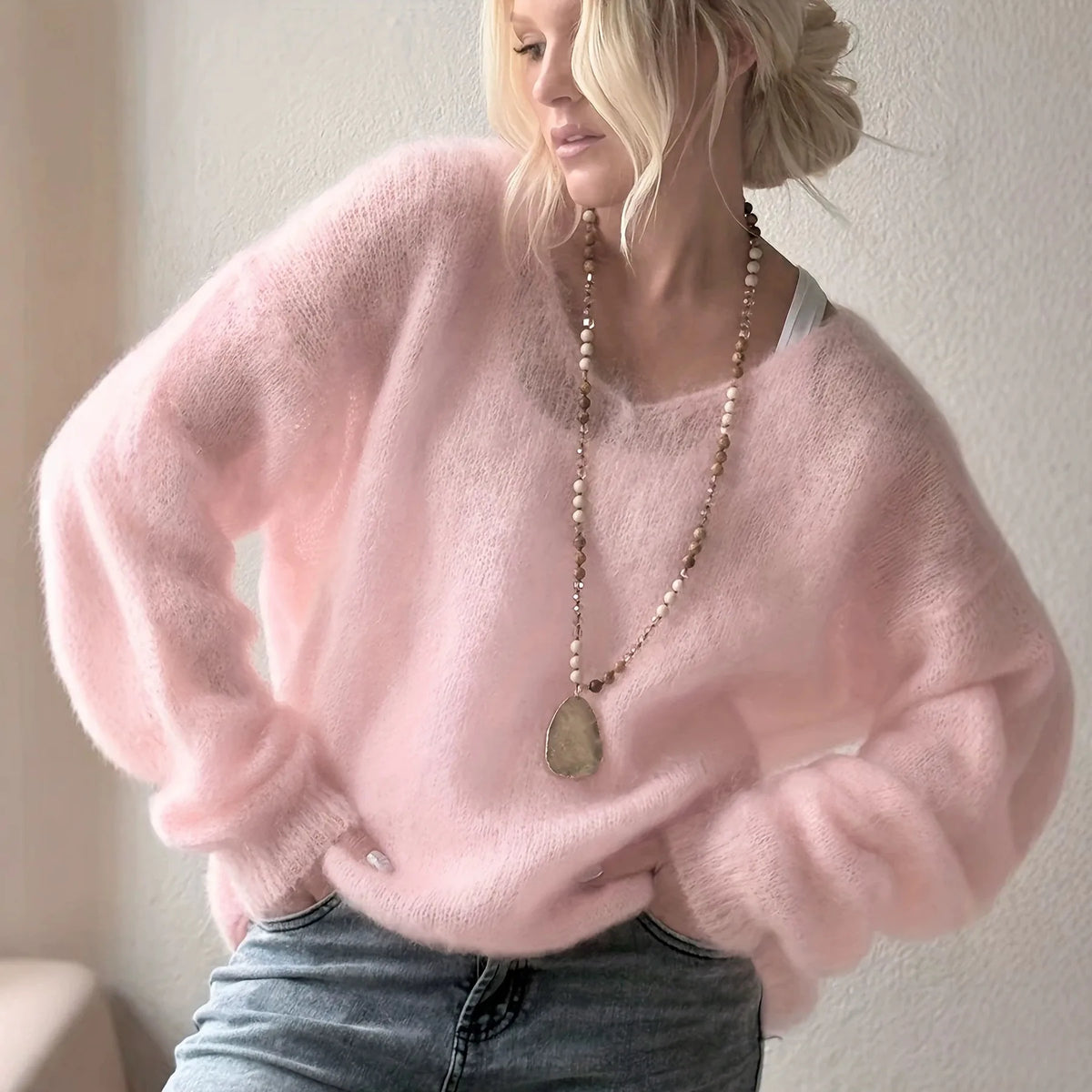 Adriana | Women's Soft Plush Knitted Jumper - Color:Pink;Size:XS