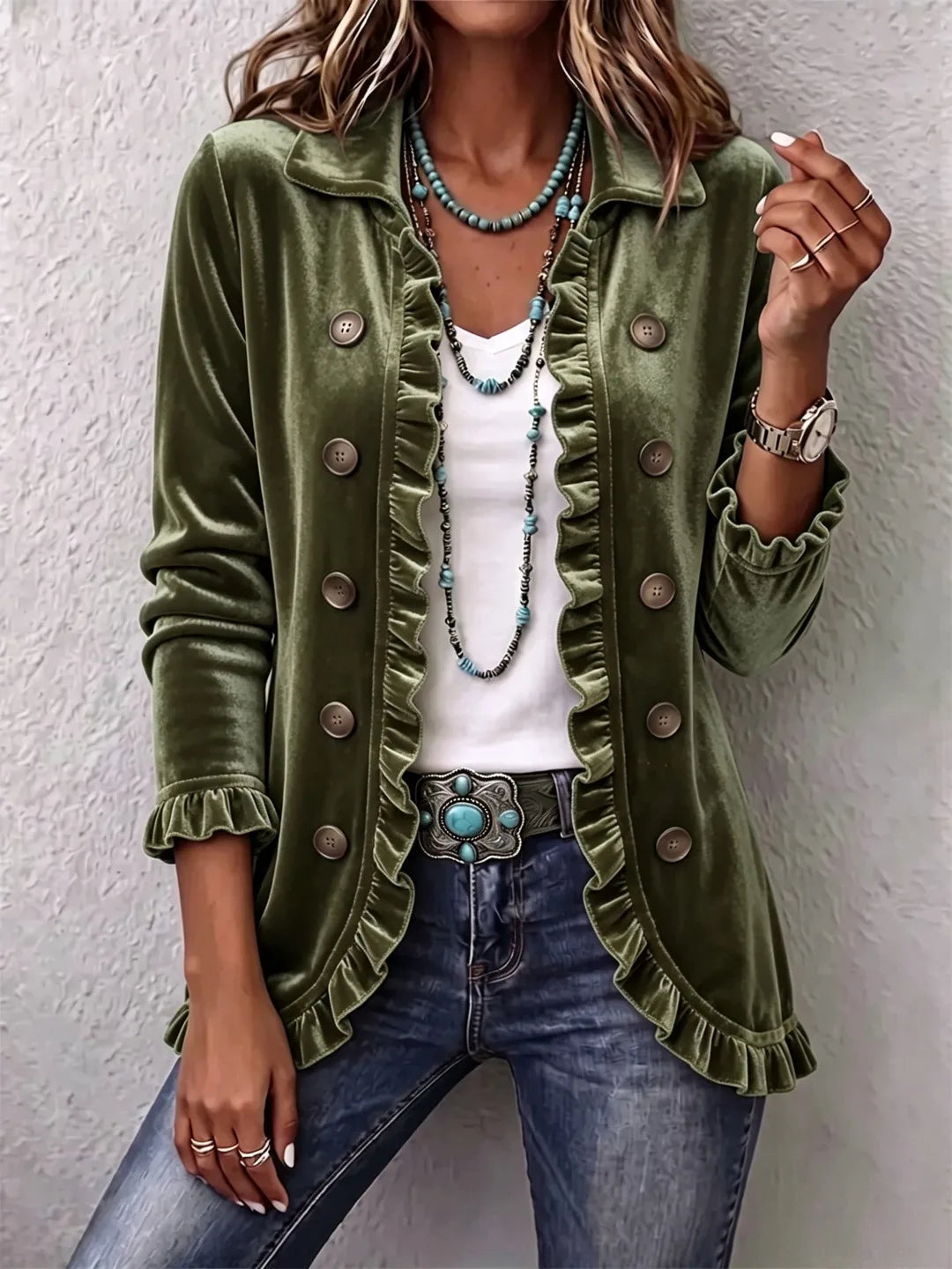 Adriana | Women's Velvet Cardigan Jacket - Color:Army Green;Size:XS