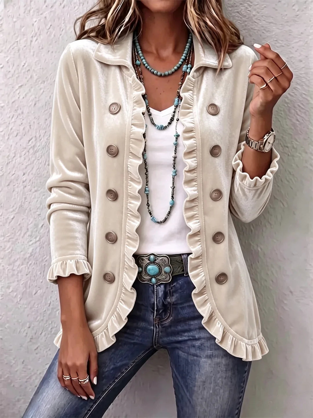 Adriana | Women's Velvet Cardigan Jacket - Color:Off-White;Size:XS