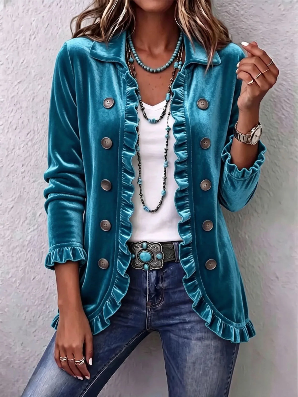 Adriana | Women's Velvet Cardigan Jacket - Color:Teal Green;Size:XS