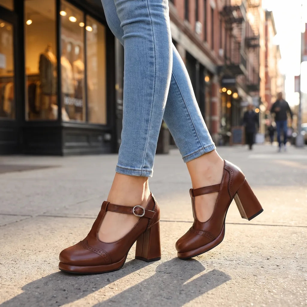 Women's Brown Cortland T-Bar Platform Pumps