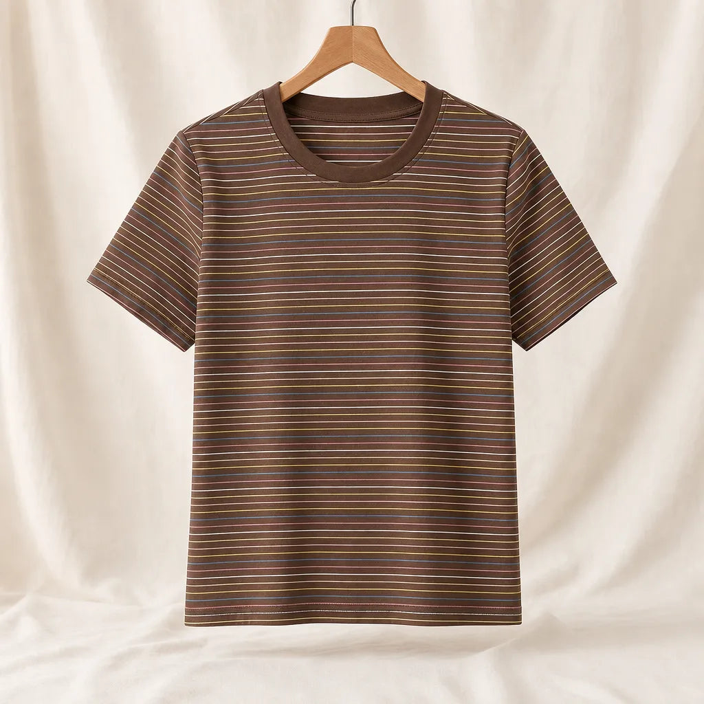 Alessia Cotton Striped T-Shirt - Color:Coffee;Size:S