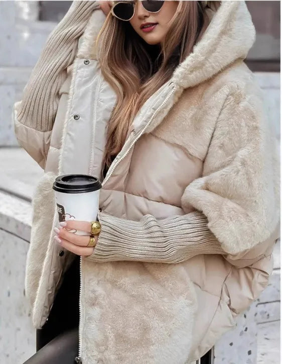 Amelia | Women's Faux Fur Hooded Quilted Puffer Winter Jacket - Color:Beige;Size:XS