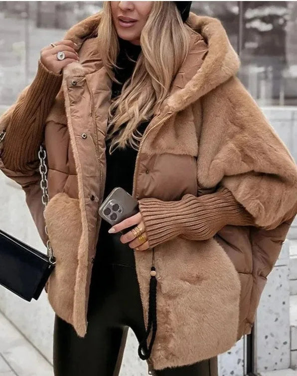 Amelia | Women's Faux Fur Hooded Quilted Puffer Winter Jacket - Color:Brown;Size:XS