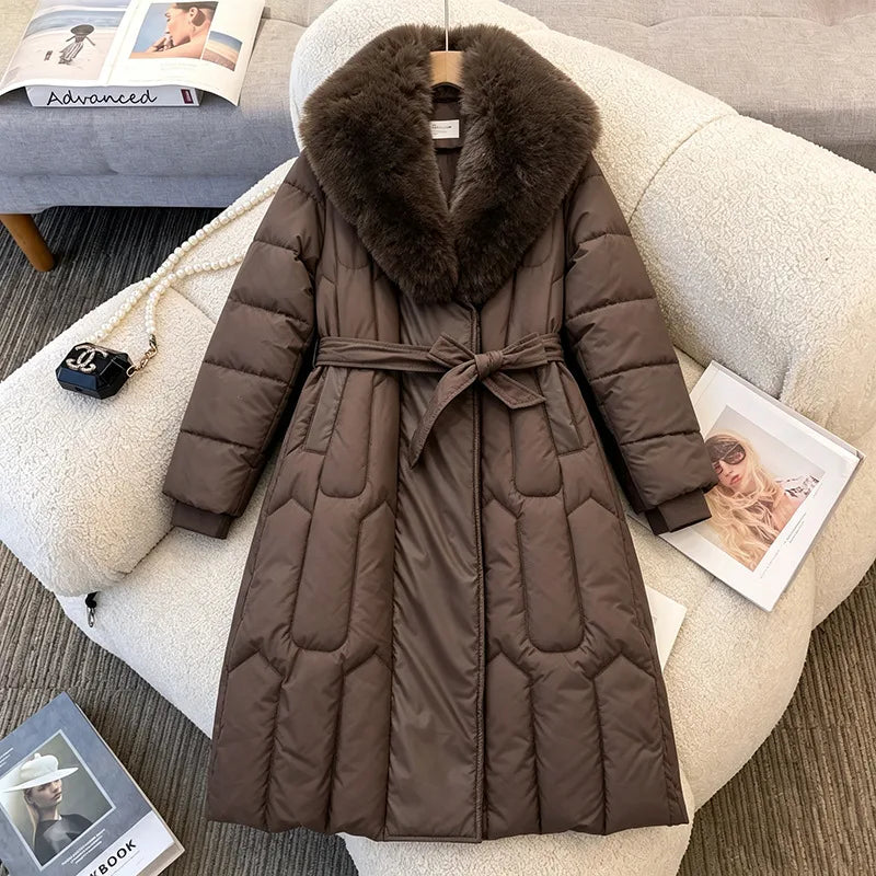 Women's Amelie | Women's Long Fur-Collar Belted Quilted Coat