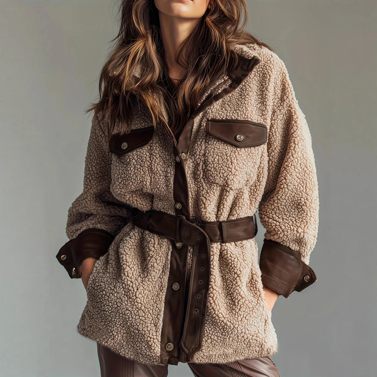 Amirah | Women's Belted Teddy Coat - Brown