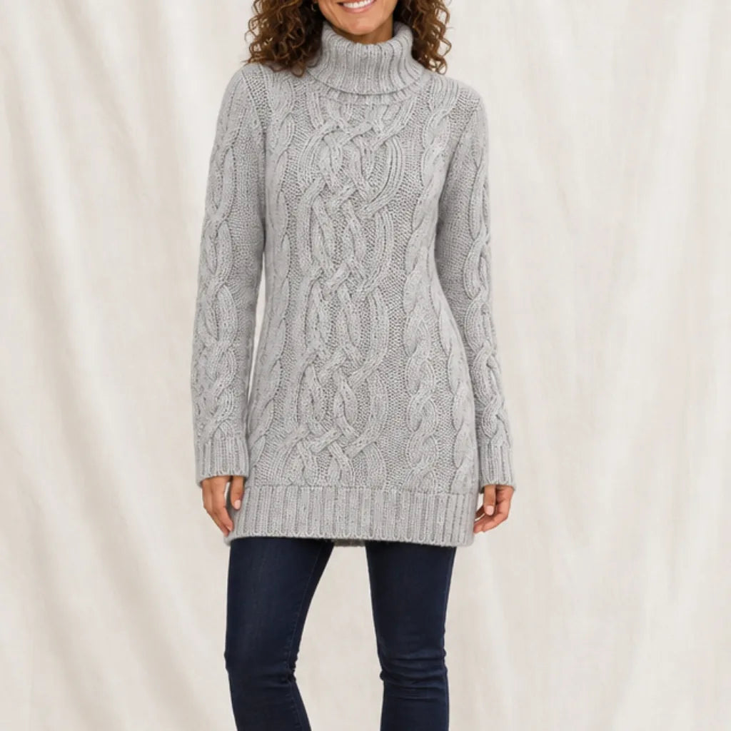 Arianna | Women's Cable Knitted Turtleneck Jumper Dress - Size:S;Color:Grey