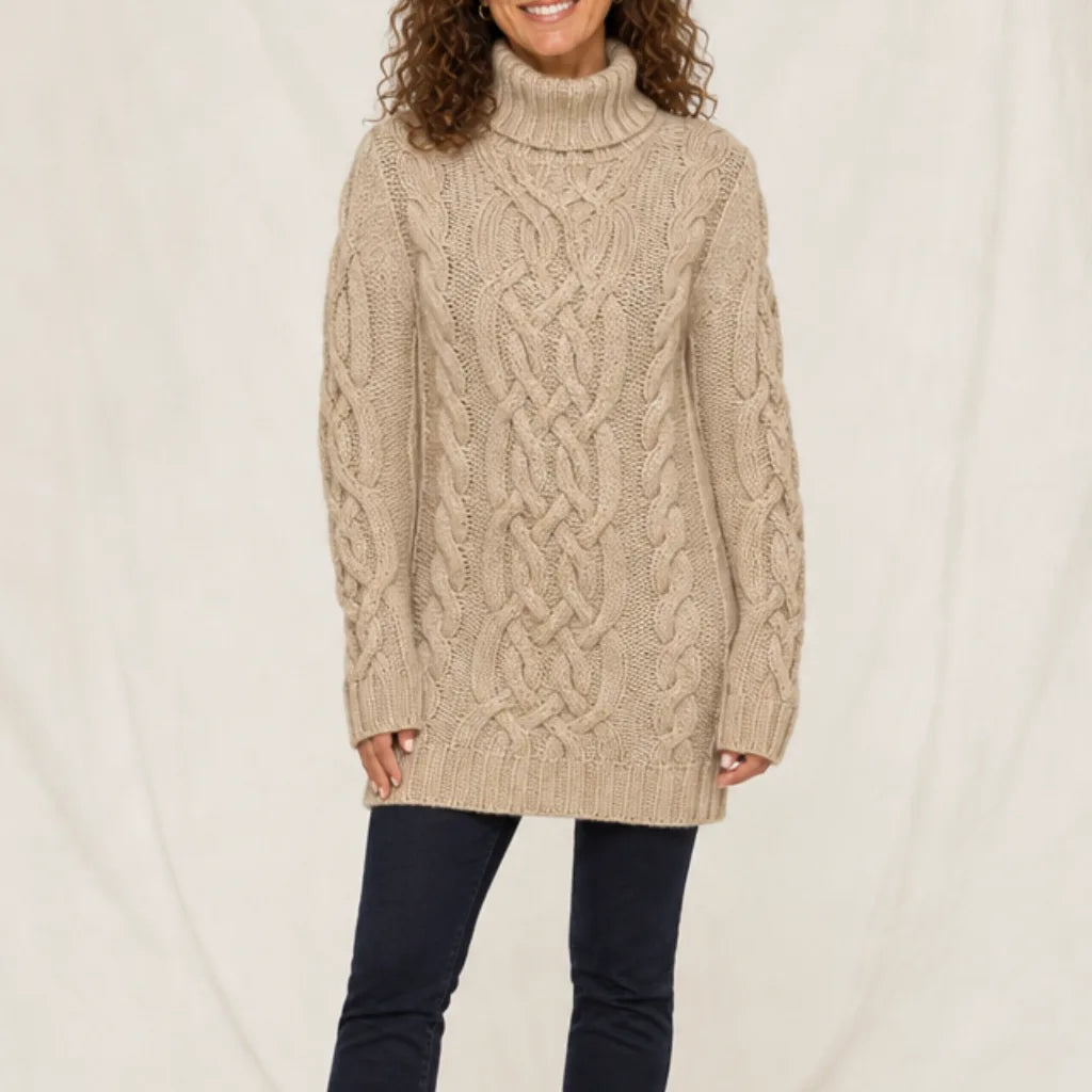 Arianna | Women's Cable Knitted Turtleneck Jumper Dress - Size:S;Color:Khaki
