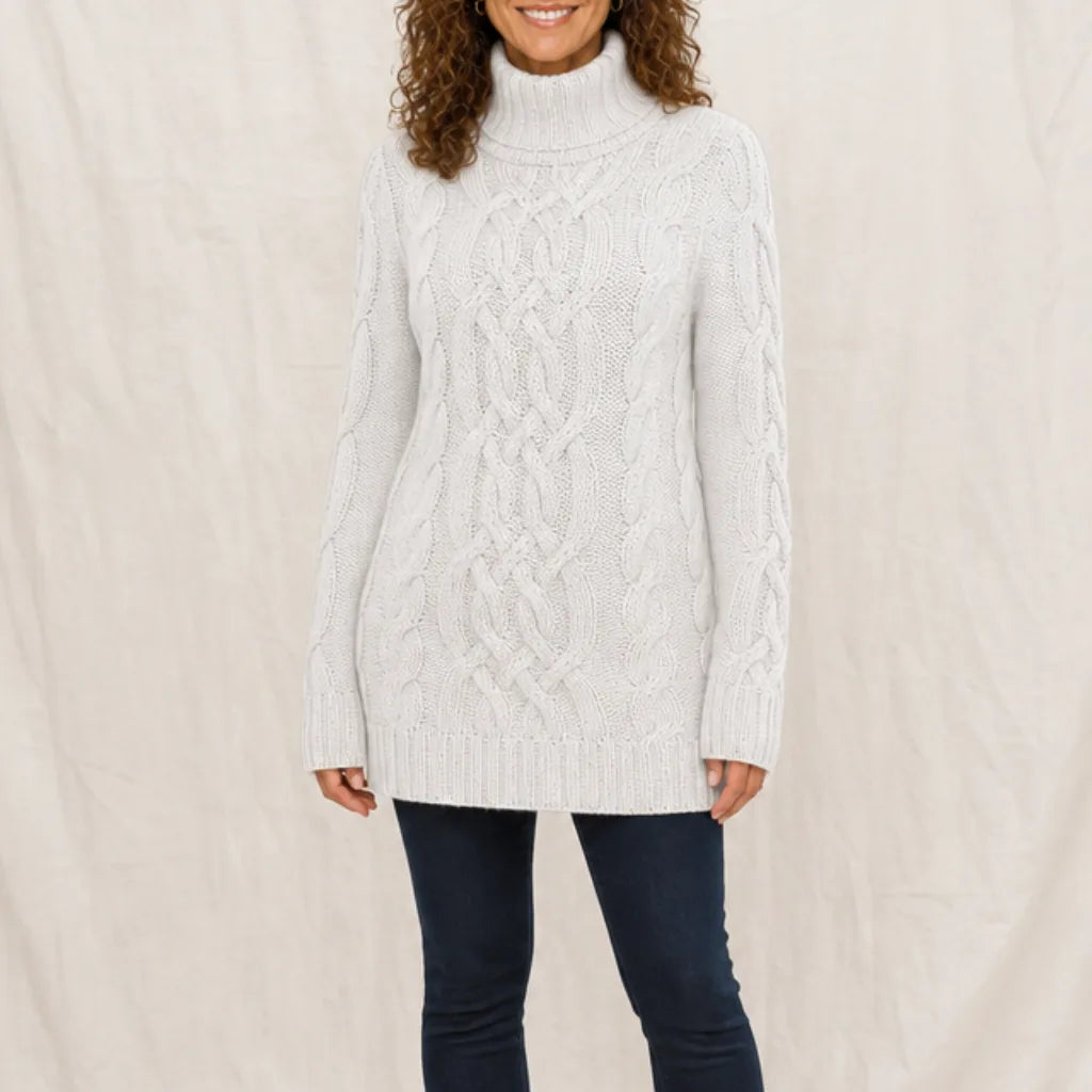 Arianna | Women's Cable Knitted Turtleneck Jumper Dress - Size:S;Color:White