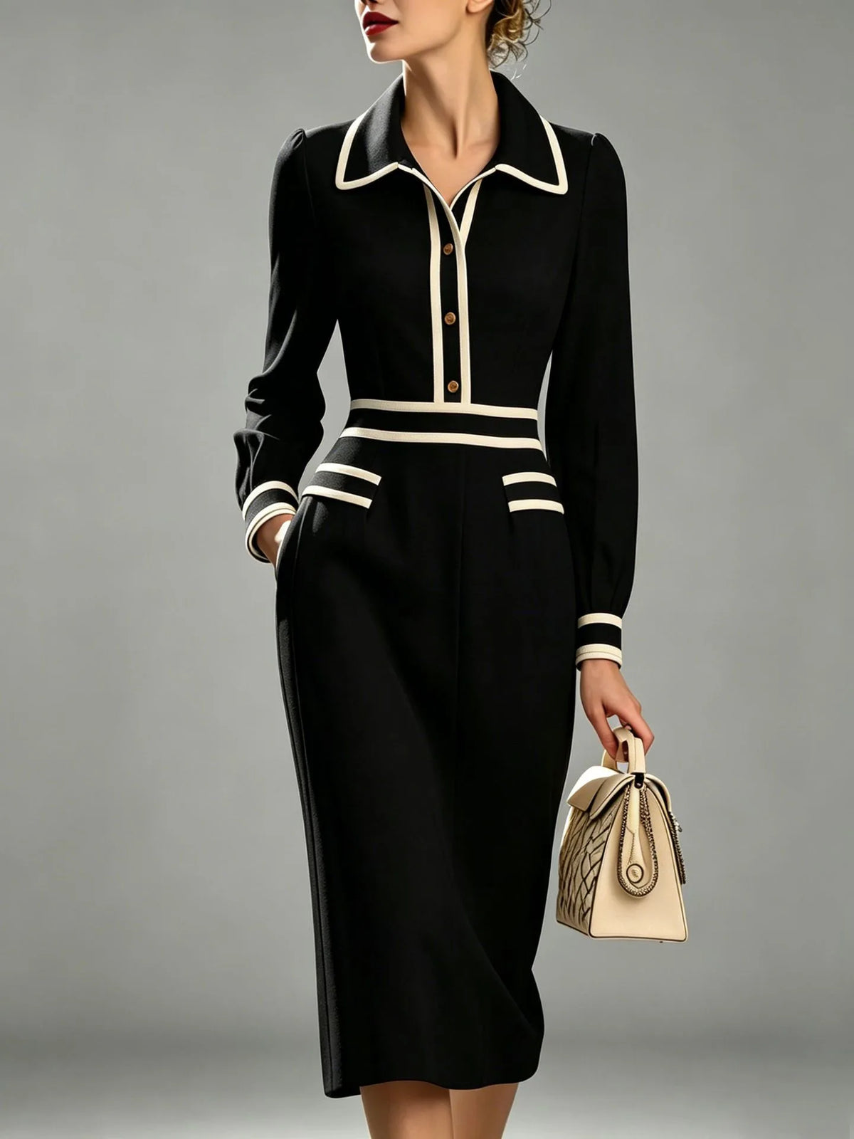 Asha | Women's Elegant Midi Dress - Color:Black;Size:S