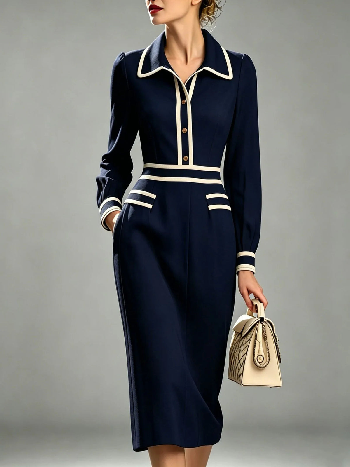 Asha | Women's Elegant Midi Dress - Color:Navy Blue;Size:S
