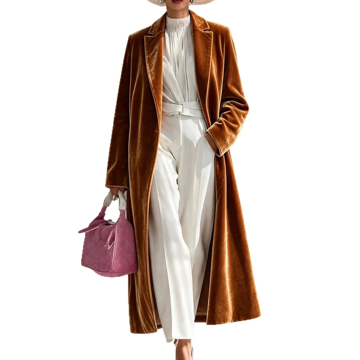 Audrina | Women's Long Velvet Winter Coat - Brown