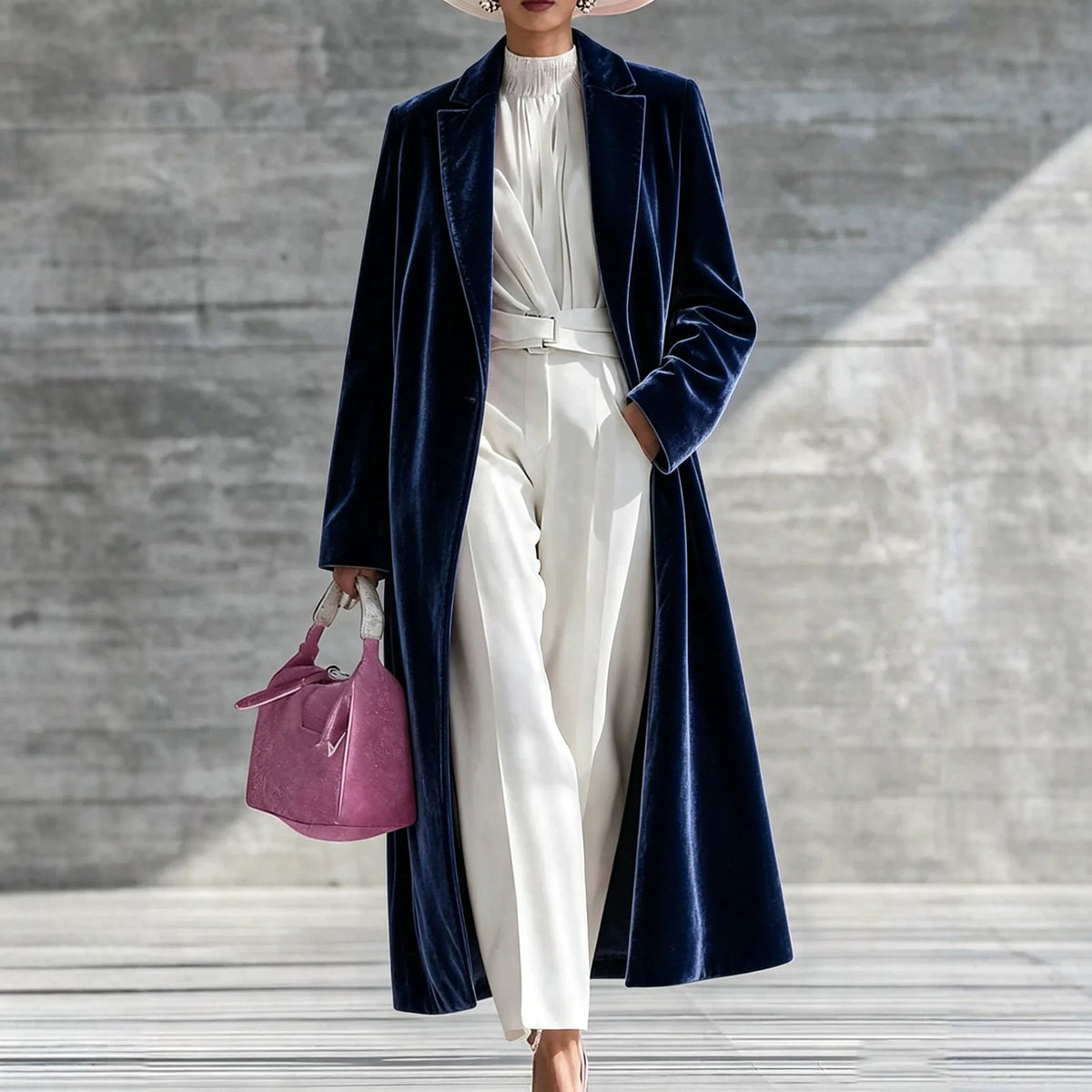 Audrina | Women's Long Velvet Winter Coat - Navy