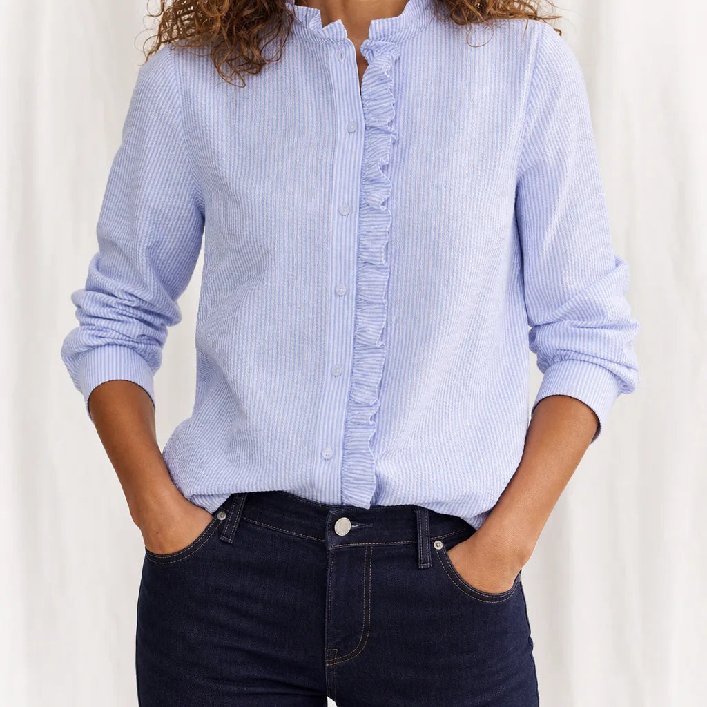 Bedford Ruffle Collar Blouse - Color:Blue;Size:XS