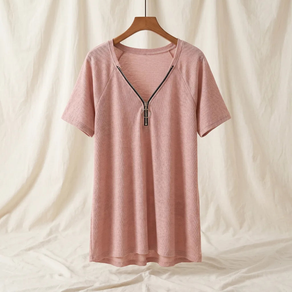 Boone Zip V-Neck T-Shirt - Color:Pink;Size:XS