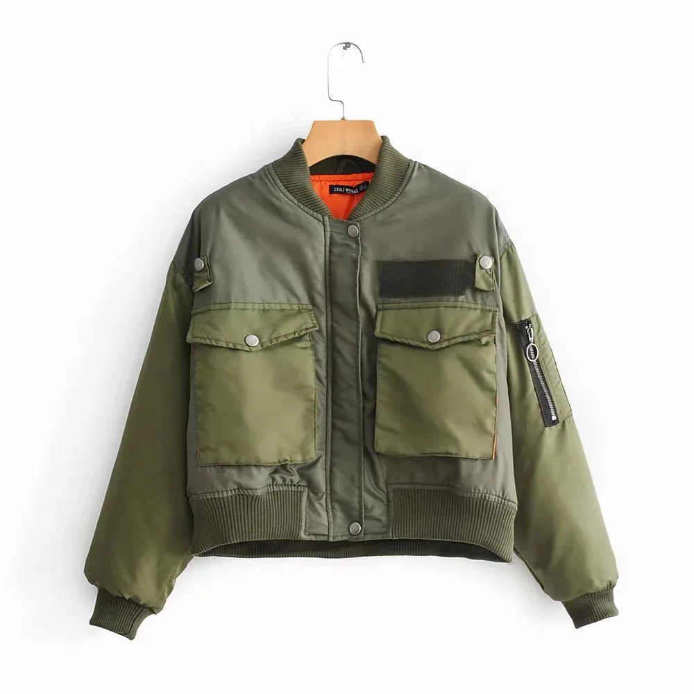 Brielle | Women's Stand-Collar Zip-Up Bomber Jacket - Color:Army Green;Size:XS