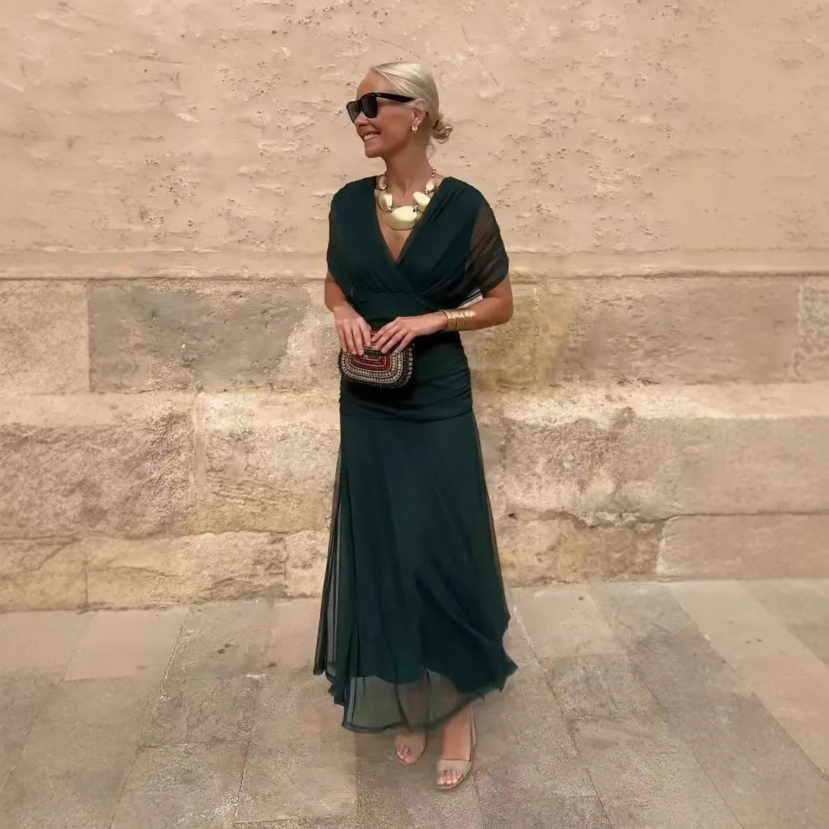 Carmen | Women's V-Neck Mesh Maxi Dress - Size:S;Color:Bottle Green