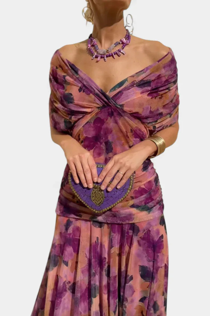Carmen | Women's V-Neck Mesh Maxi Dress - Size:S;Color:Enchanted Garden