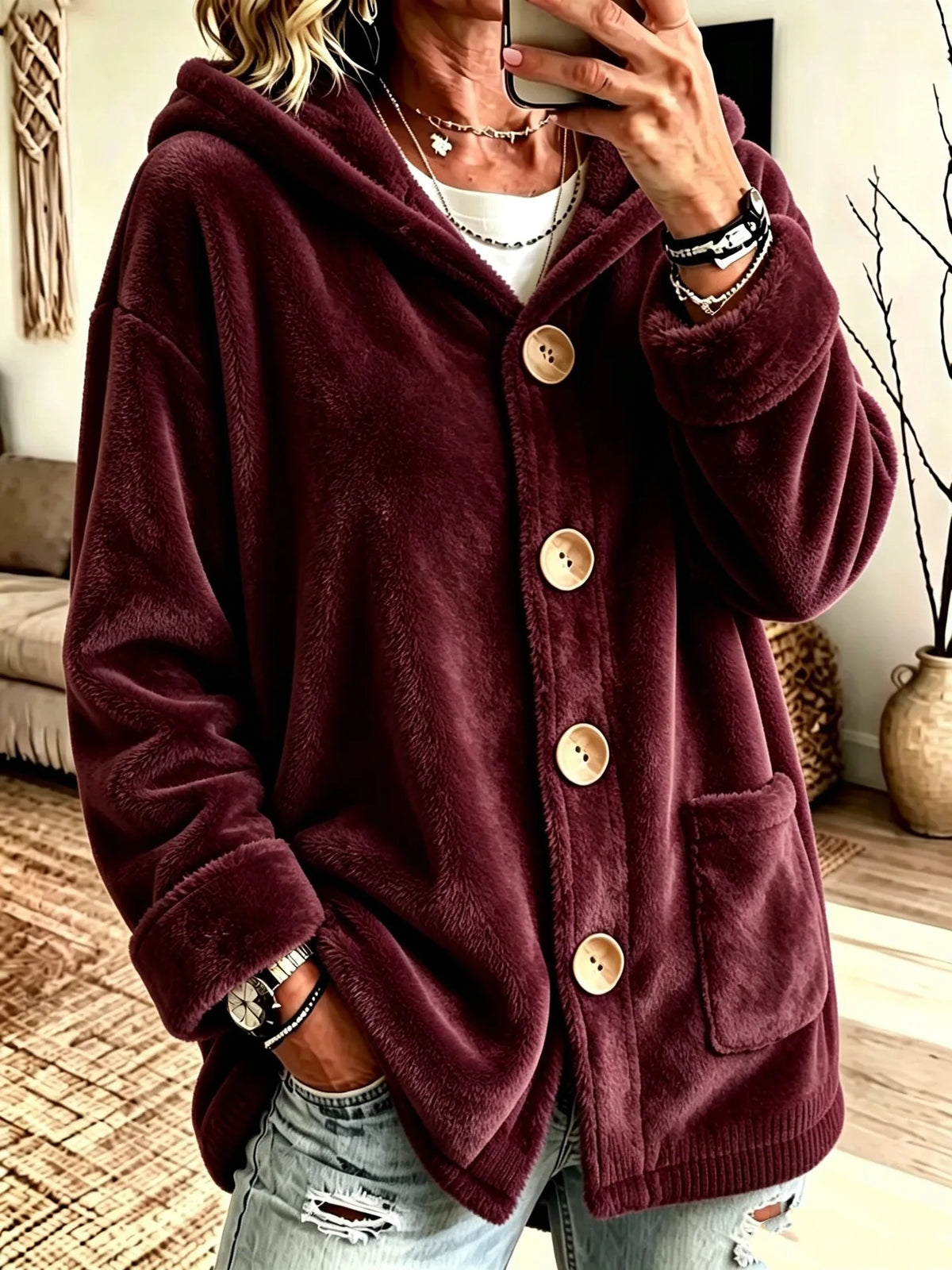 Casey | Women's Hooded Cardigan Coat - Color:Wine Red;Size:XS