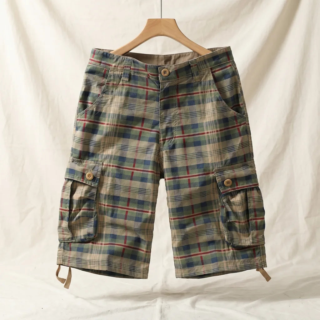 Cedric Cotton Cargo Shorts - Color:Khaki Checkered;Size:29