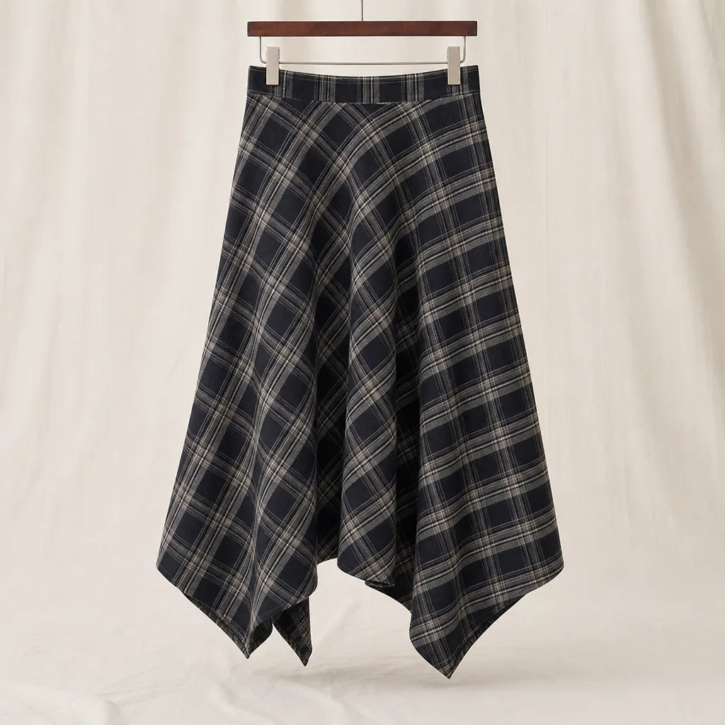 Celia Asymmetric Plaid Skirt - Color:Black;Size:S
