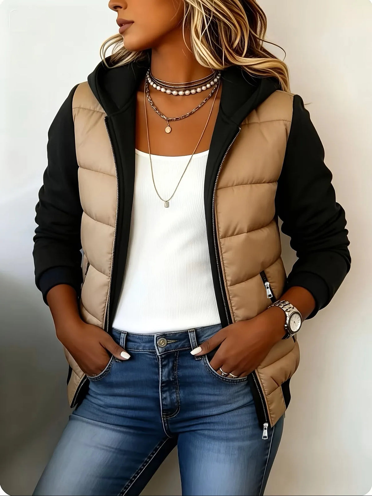Cheney | Women's Hooded Padded Coat - Color:Khaki/Black;Size:XS