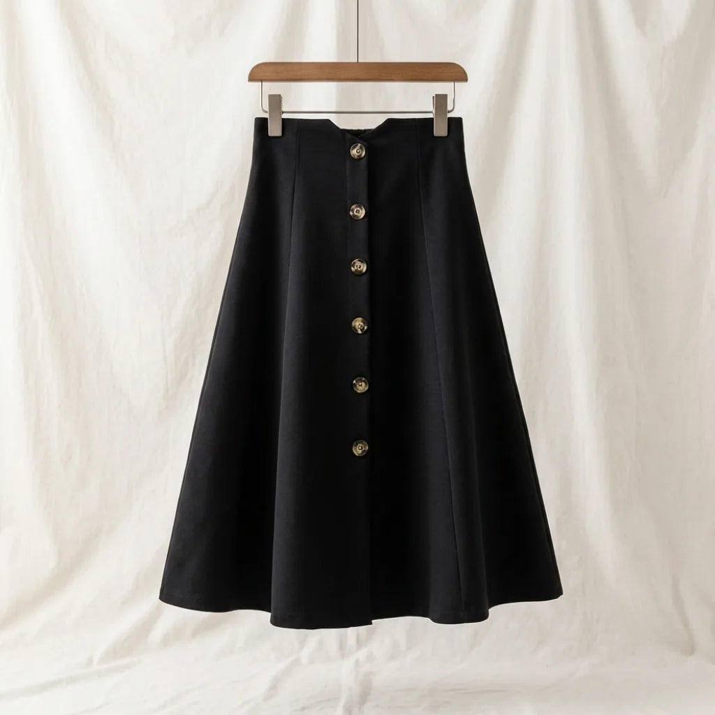 Clare Button Midi Skirt - Color:Black;Size:XS