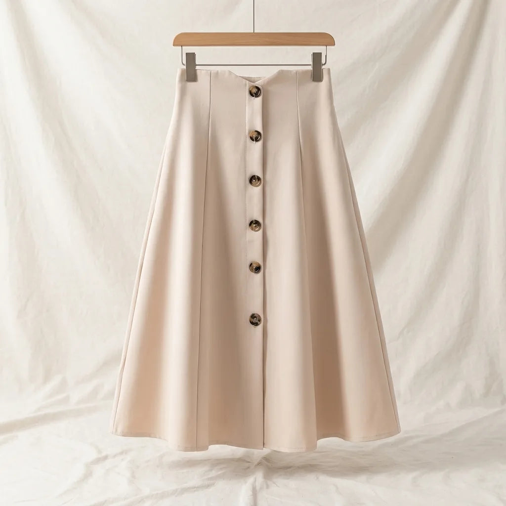 Clare Button Midi Skirt - Color:Cream;Size:XS