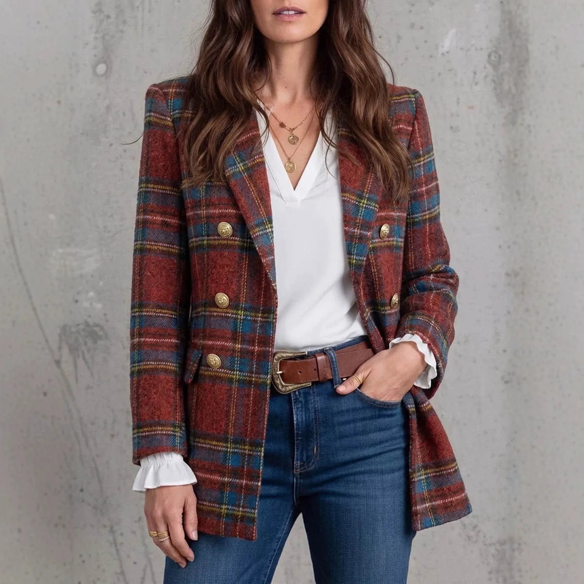 Women's Courtney | Women's Red Plaid Double-Breasted Blazer