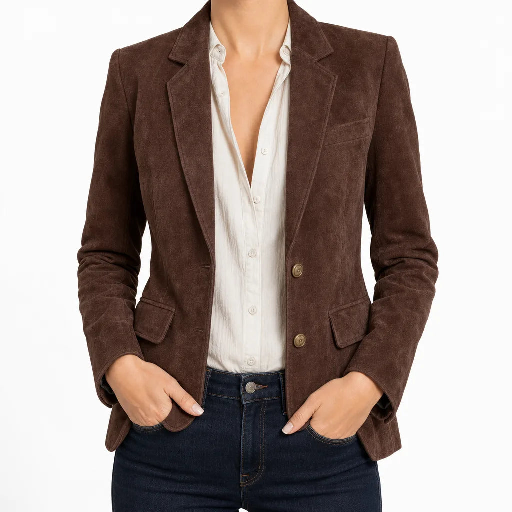 Crystal | Women's Suede Classic Blazer - Size:XS;Color:Dark Brown