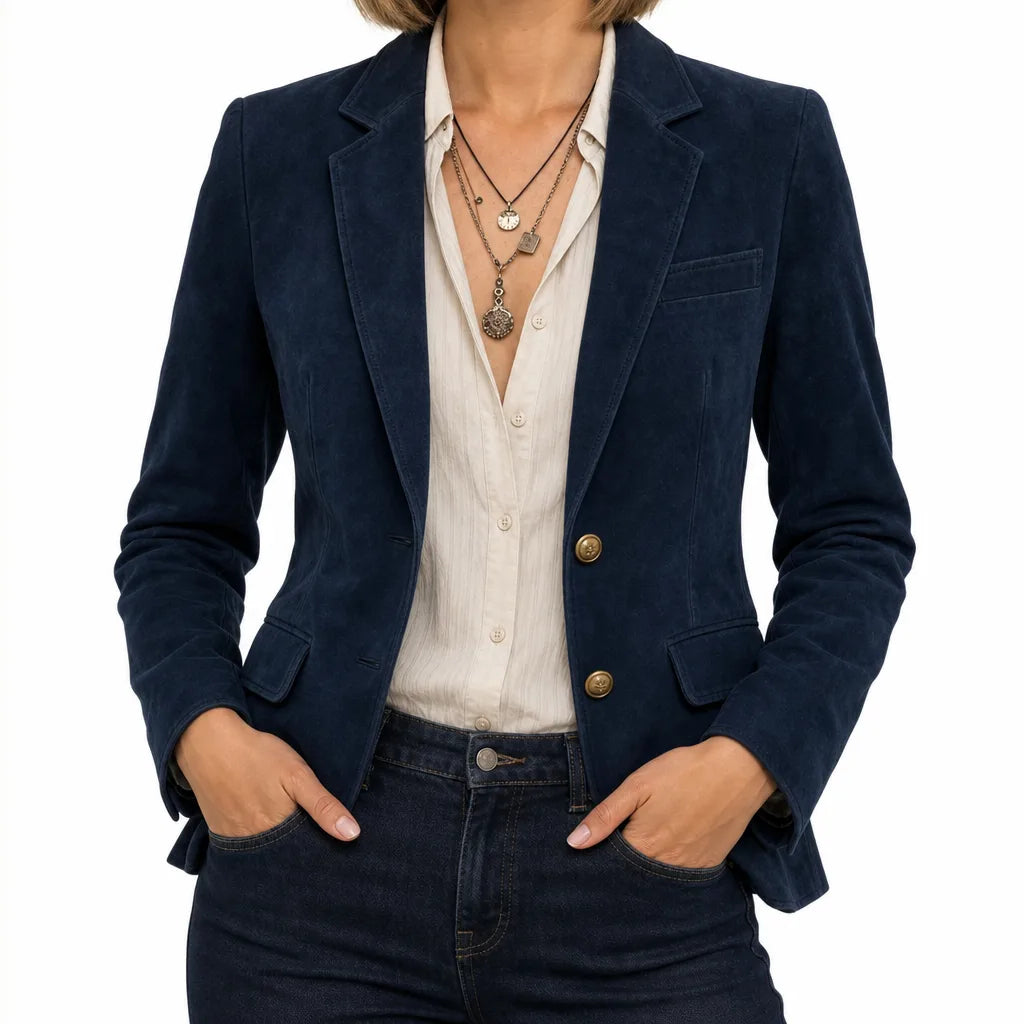 Crystal | Women's Suede Classic Blazer - Size:XS;Color:Navy Blue