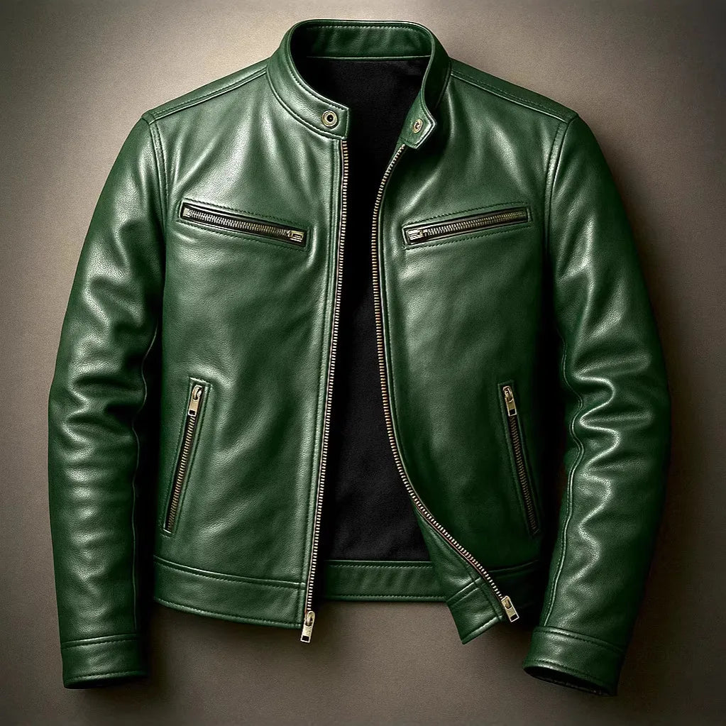Culver | Men's Faux-Leather Motorcycle Jacket - Color:Olive Green;Size:XS