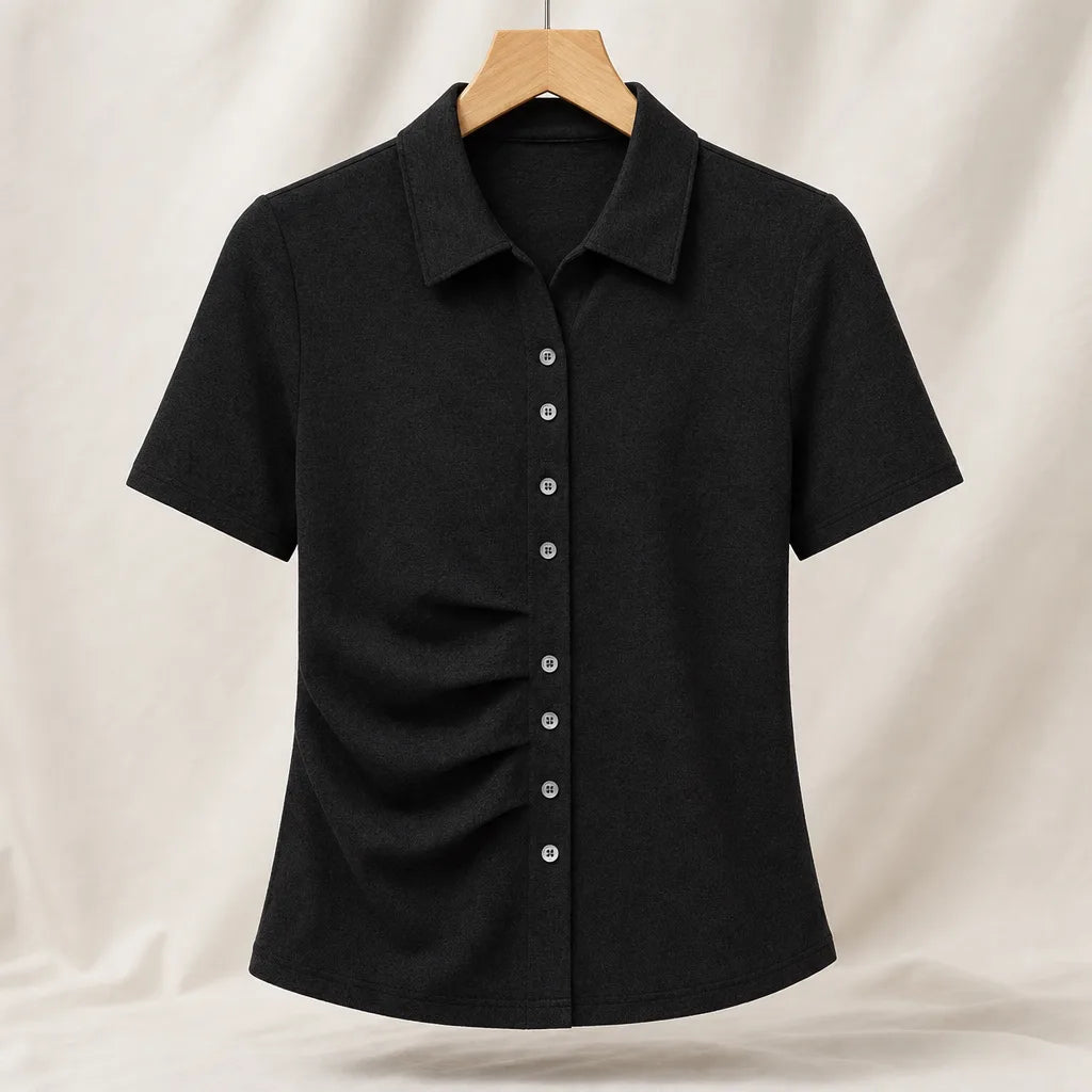 Daisy Pleated Polo Shirt - Color:Black;Size:XS