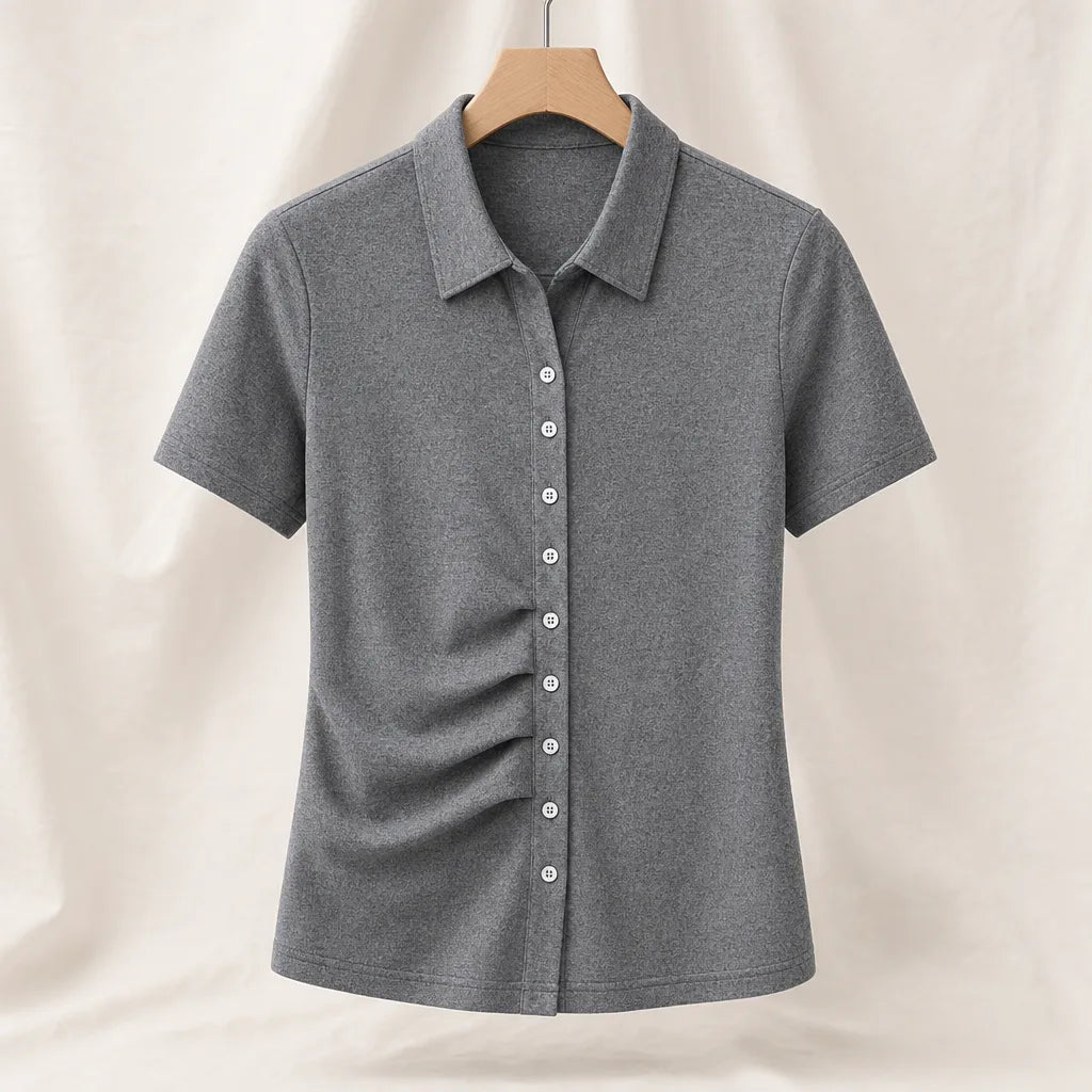 Daisy Pleated Polo Shirt - Color:Gray;Size:XS