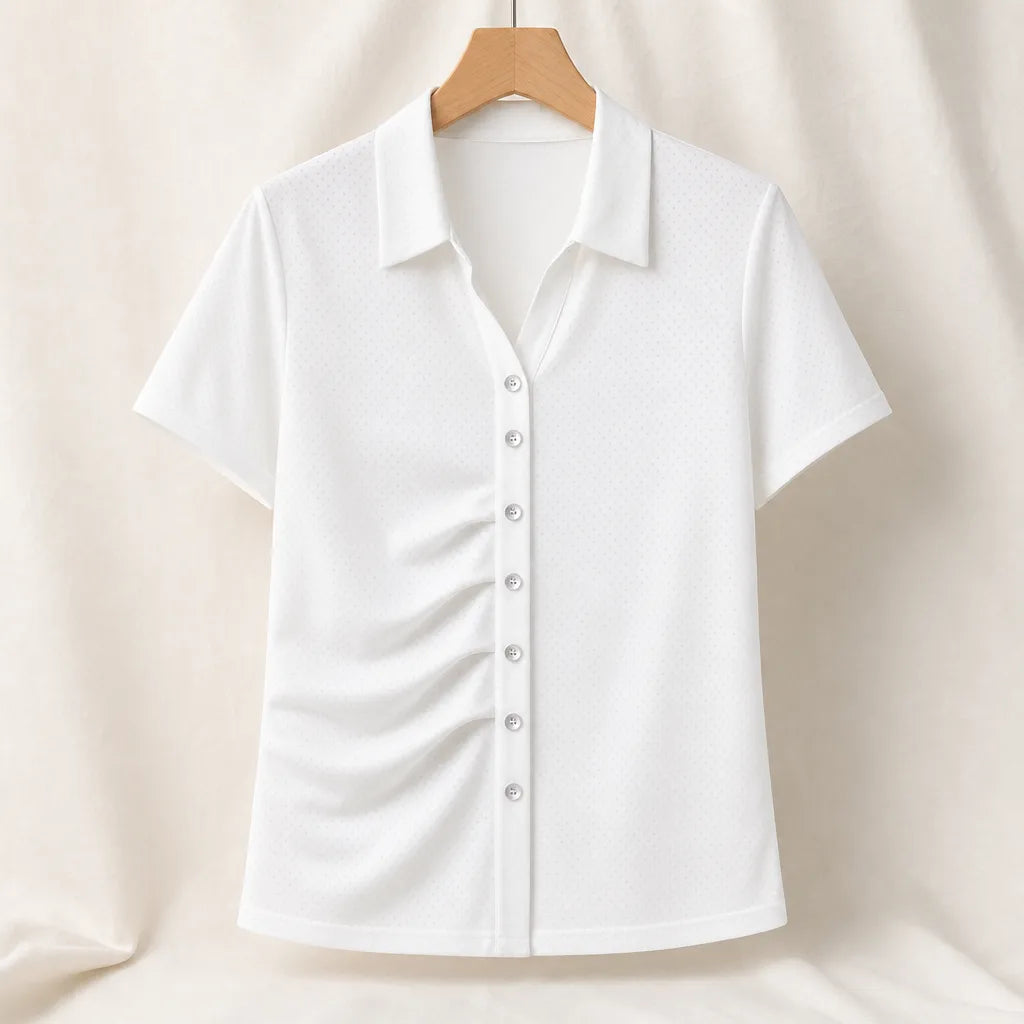 Daisy Pleated Polo Shirt - Color:White;Size:XS