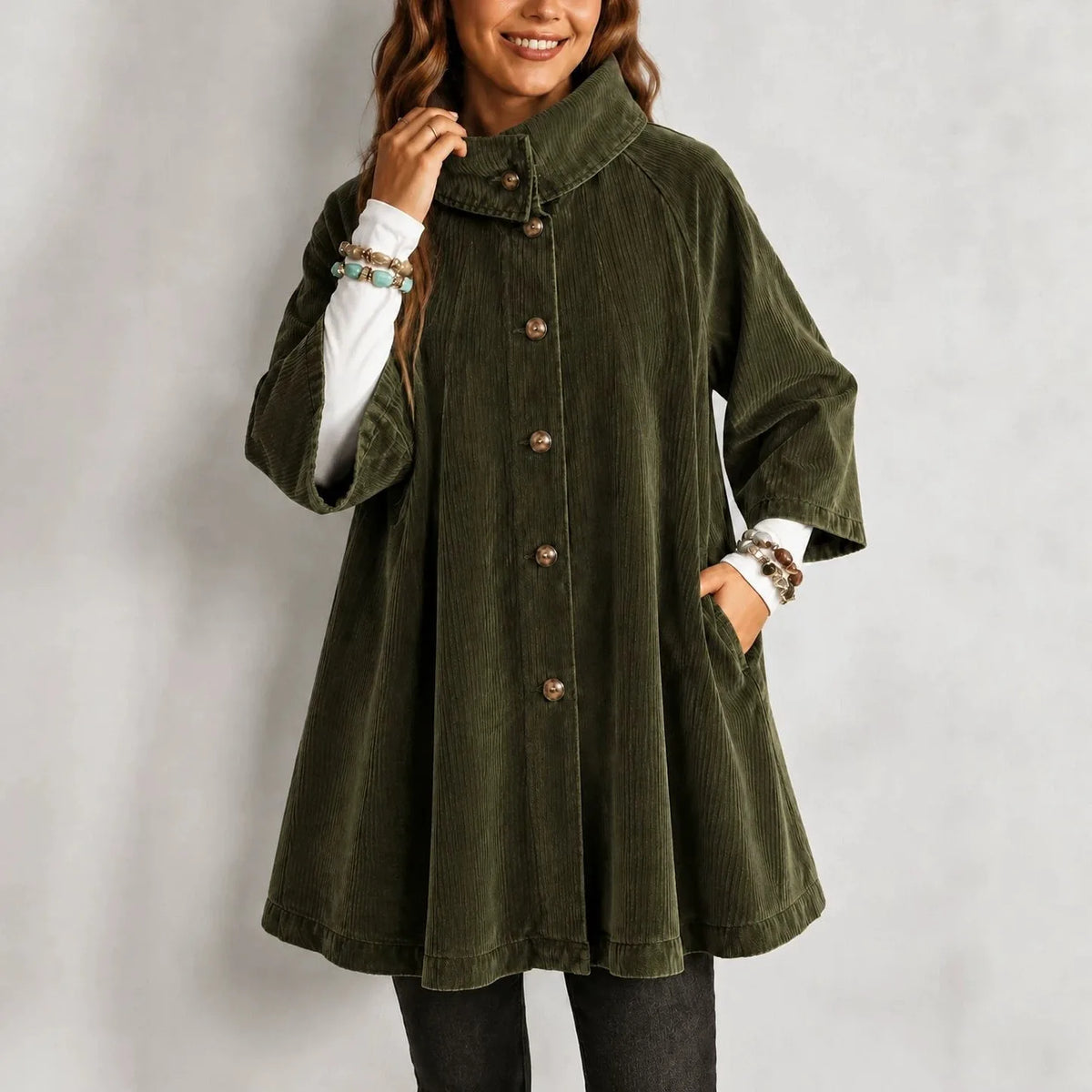 Daisy | Women's Single-Breasted Corduroy Jacket - Color:Olive Green;Size:XS