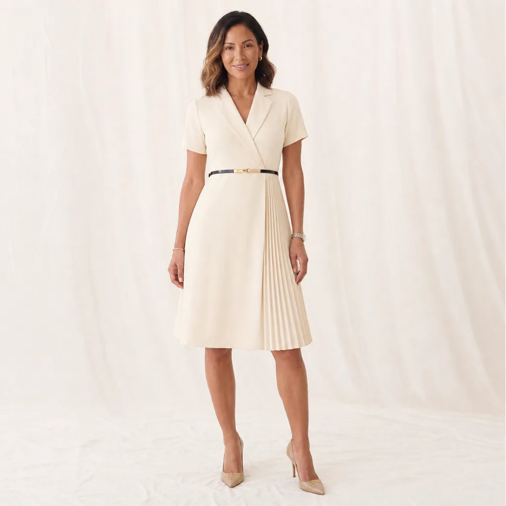 Women's Beige Barron Belted Pleated Dress