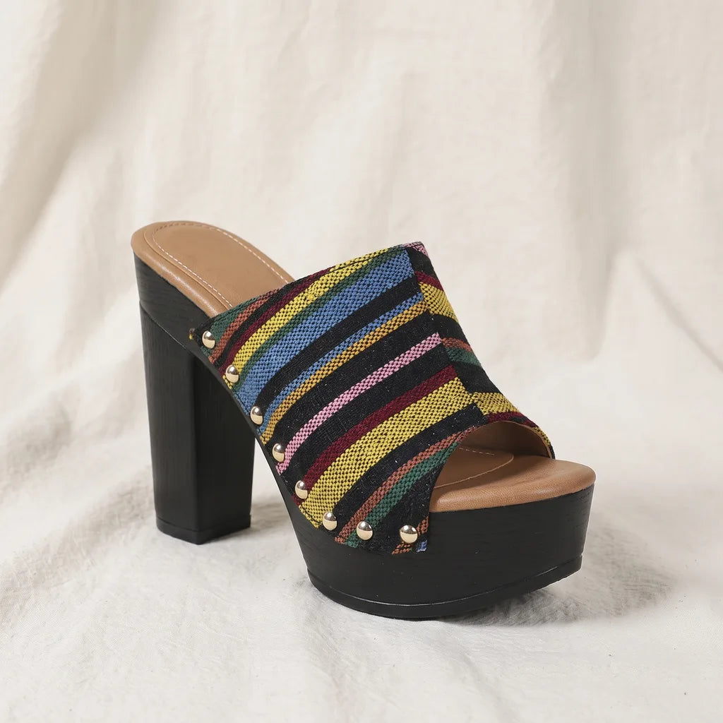 Women's Black Gatsby Striped Platform Mules