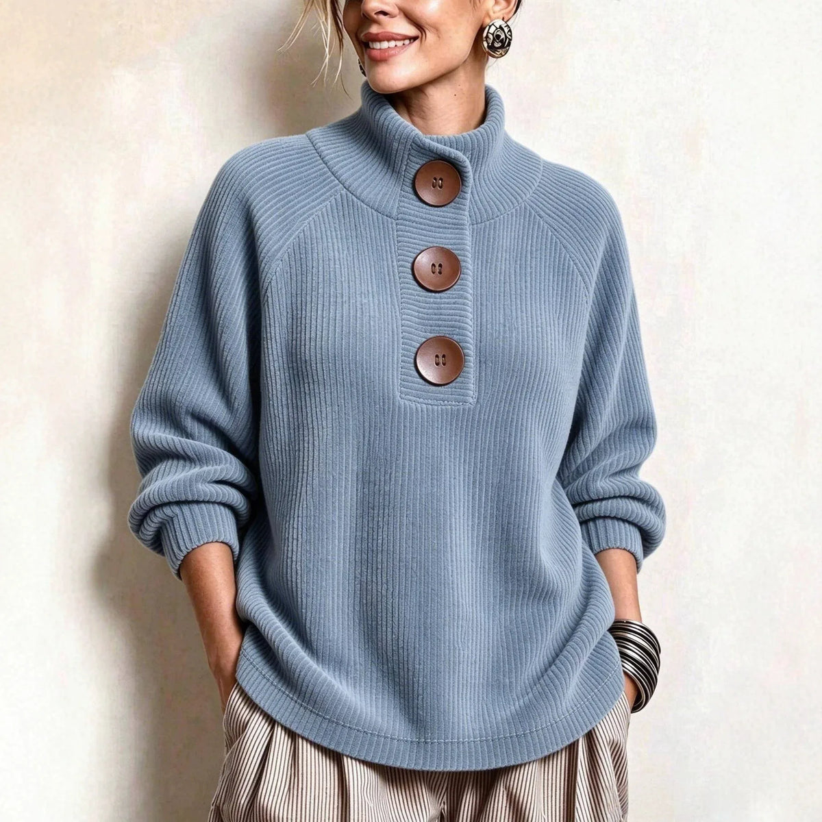 Darla | Women's Corduroy High Neck Pullover - Color:Haze Blue;Size:XS