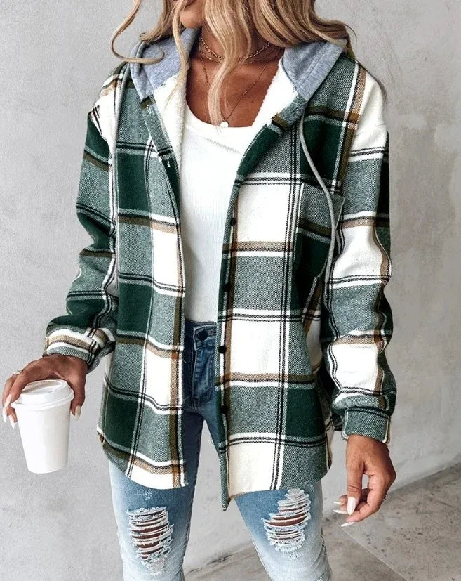 Delia | Women's Flannel Hoodie Shirt - Color:Green;Size:XS