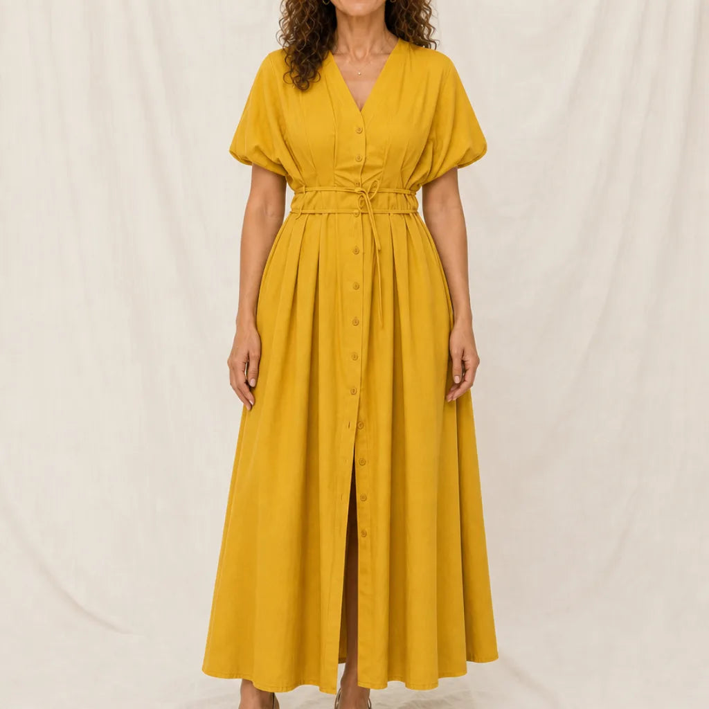 Delphine Belted Midi Dress - Color:Yellow;Size:XS